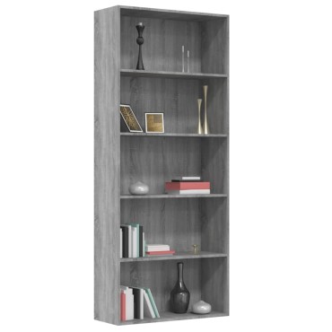 vidaXL Βιβλιοθήκη με 5 Ράφια Γκρι Sonoma 80x30x189cm Επεξεργ. Ξύλο 1 τεμ.