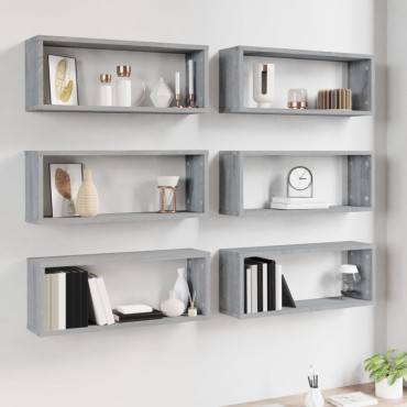 vidaXL Ραφιέρες Τοίχου Κύβος 6 τεμ. Γκρι Sonoma 60x15x23cm Επεξ. Ξύλο