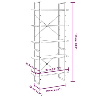 vidaXL Βιβλιοθήκη με 5 Ράφια Γκρι Sonoma 80x30x175cm Επεξεργ. Ξύλο 1 τεμ.