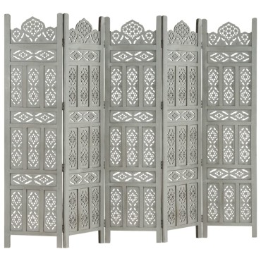 vidaXL Παραβάν Σκαλιστό στο Χέρι 5 Πάνελ Γκρι 200x165cm Ξύλο Μάνγκο 1 τεμ.