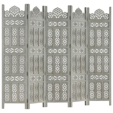 vidaXL Παραβάν Σκαλιστό στο Χέρι 5 Πάνελ Γκρι 200x165cm Ξύλο Μάνγκο 1 τεμ.