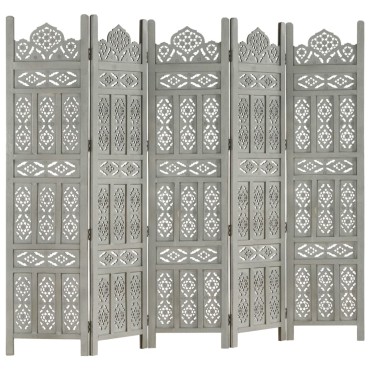 vidaXL Παραβάν Σκαλιστό στο Χέρι 5 Πάνελ Γκρι 200x165cm Ξύλο Μάνγκο 1 τεμ.