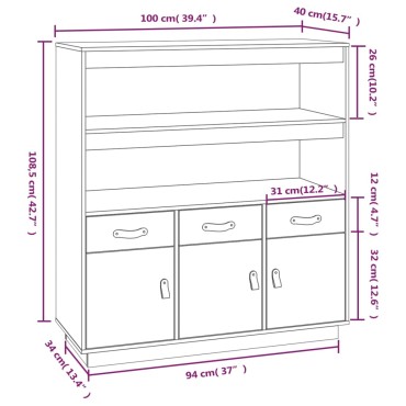 vidaXL Ντουλάπι Ψηλό Λευκό 100x40x108,5cm από Μασίφ Ξύλο Πεύκου 1 τεμ.