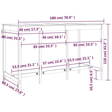 vidaXL Τραπέζι Μπαρ Λευκό 180x80x110cm από Μασίφ Ξύλο Πεύκου 1 τεμ.