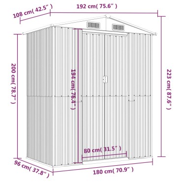 vidaXL Αποθήκη Κήπου Ανοιχτό γκρι 192x108x223 εκ. Γαλβανισμένο Ατσάλι