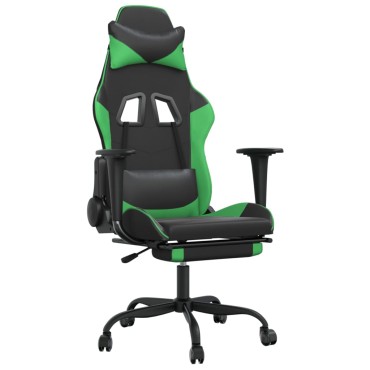vidaXL Καρέκλα Gaming Μασάζ Υποπόδιο Μαύρο/Πράσινο από Συνθετικό Δέρμα 66x56x(120,5-131)cm 1 τεμ.
