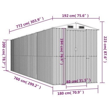 vidaXL Αποθήκη Κήπου Ανοιχτό γκρι 192x772x223 εκ. Γαλβανισμένο Ατσάλι