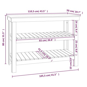 vidaXL Πάγκος Εργασίας Μελί Καφέ 110,5 x 50 x 80 εκ. Μασίφ Ξύλο Πεύκο