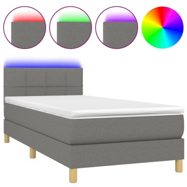 vidaXL Κρεβάτι Boxspring με Στρώμα & LED Σκ.Γκρι 100x200 εκ Υφασμάτινο