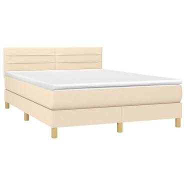 vidaXL Κρεβάτι Boxspring με Στρώμα & LED Κρεμ 140x200 εκ. Υφασμάτινο