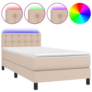 vidaXL Κρεβάτι Boxspring Στρώμα&LED Καπουτσίνο 90x200 εκ. Συνθ. Δέρμα