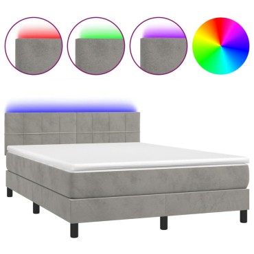vidaXL Κρεβάτι Boxspring με Στρώμα & LED Αν.Γκρι 140x200 εκ. Βελούδινο