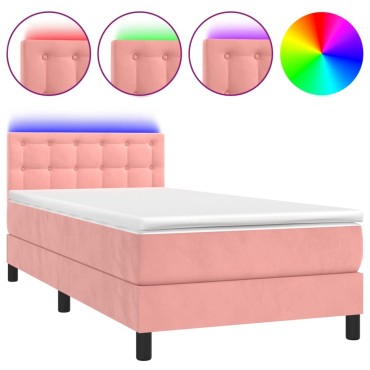 vidaXL Κρεβάτι Boxspring με Στρώμα & LED Ροζ 100x200 εκ. Βελούδινο