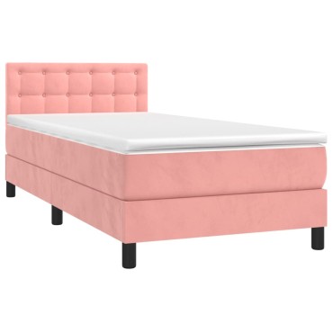 vidaXL Κρεβάτι Boxspring με Στρώμα & LED Ροζ 100x200 εκ. Βελούδινο