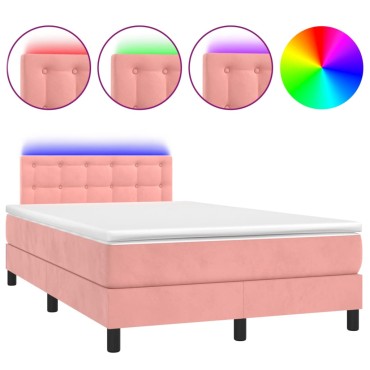 vidaXL Κρεβάτι Boxspring με Στρώμα & LED Ροζ 120x200 εκ. Βελούδινο