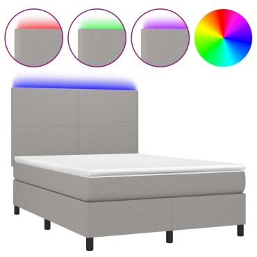 vidaXL Κρεβάτι Boxspring με Στρώμα & LED Αν.Γκρι 140x190εκ. Υφασμάτινο