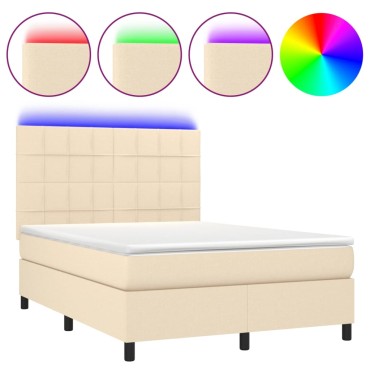 vidaXL Κρεβάτι Boxspring με Στρώμα & LED Κρεμ 140x190cm Υφασμάτινο 1 τεμ. - Μονό