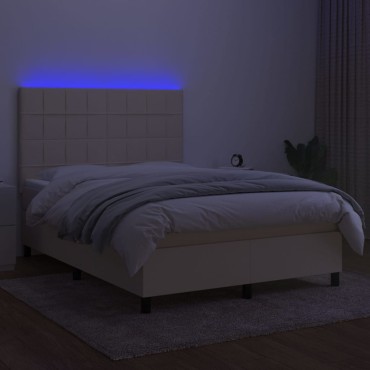 vidaXL Κρεβάτι Boxspring με Στρώμα & LED Κρεμ 140x190cm Υφασμάτινο 1 τεμ. - Διπλό