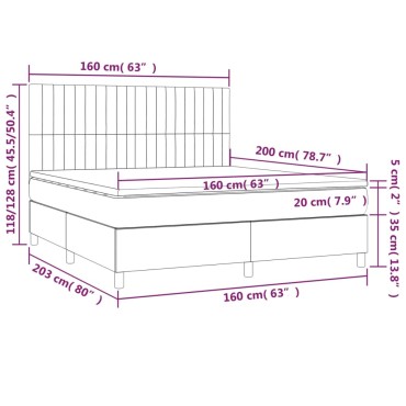 vidaXL Κρεβάτι Boxspring με Στρώμα & LED Αν.Γκρι 160x200εκ. Υφασμάτινο