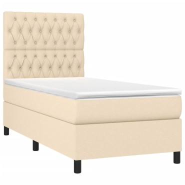 vidaXL Κρεβάτι Boxspring με Στρώμα & LED Κρεμ 90x200 εκ. Υφασμάτινο