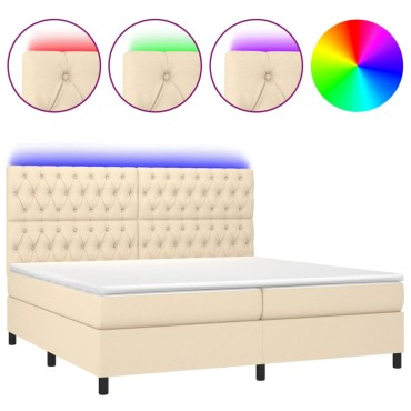 vidaXL Κρεβάτι Boxspring με Στρώμα & LED Κρεμ 200x200 εκ. Υφασμάτινο