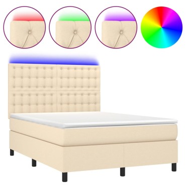 vidaXL Κρεβάτι Boxspring με Στρώμα & LED Κρεμ 140x190cm Υφασμάτινο 1 τεμ. - Μονό