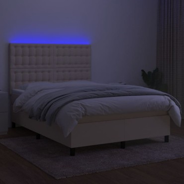vidaXL Κρεβάτι Boxspring με Στρώμα & LED Κρεμ 140x190cm Υφασμάτινο 1 τεμ. - Διπλό