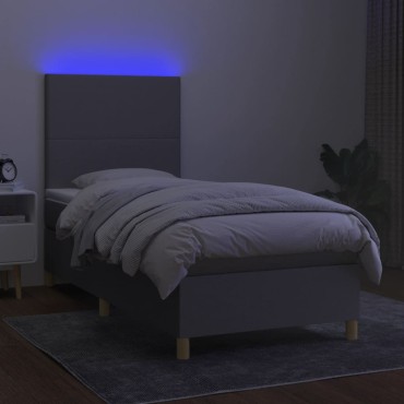 vidaXL Κρεβάτι Boxspring με Στρώμα & LED Αν.Γκρι 100x200εκ. Υφασμάτινο