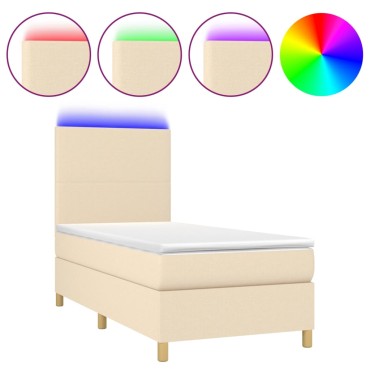 vidaXL Κρεβάτι Boxspring με Στρώμα & LED Κρεμ 100x200 εκ. Υφασμάτινο