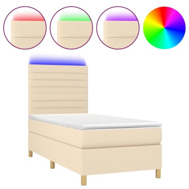 vidaXL Κρεβάτι Boxspring με Στρώμα & LED Κρεμ 80x200cm Υφασμάτινο 1 τεμ. - Μονό