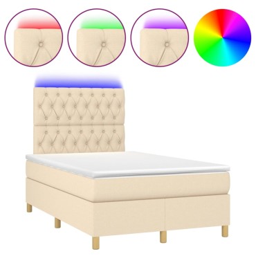 vidaXL Κρεβάτι Boxspring με Στρώμα & LED Κρεμ 120x200cm Υφασμάτινο 1 τεμ. - Μονό