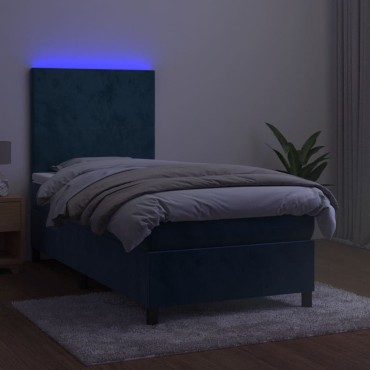 vidaXL Κρεβάτι Boxspring με Στρώμα & LED Σκ. Μπλε 80x200cm Βελούδινο 1 τεμ. - Μονό
