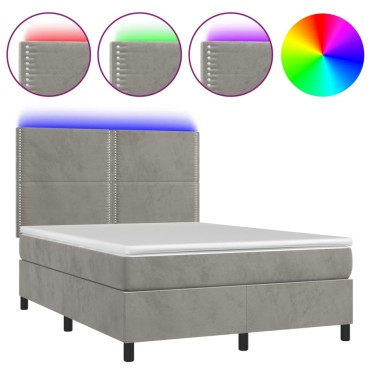 vidaXL Κρεβάτι Boxspring με Στρώμα&LED Αν. Γκρι 140x190 εκ. Βελούδινο