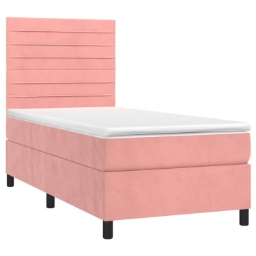 vidaXL Κρεβάτι Boxspring με Στρώμα & LED Ροζ 100x200 εκ. Βελούδινο