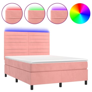 vidaXL Κρεβάτι Boxspring με Στρώμα & LED Ροζ 140x190 εκ. Βελούδινο