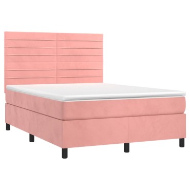 vidaXL Κρεβάτι Boxspring με Στρώμα & LED Ροζ 140x190 εκ. Βελούδινο