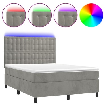 vidaXL Κρεβάτι Boxspring με Στρώμα & LED Αν.Γκρι 140x200 εκ. Βελούδινο