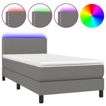 vidaXL Κρεβάτι Boxspring με Στρώμα & LED Σκ.Γκρι 90x200 εκ. Υφασμάτινο