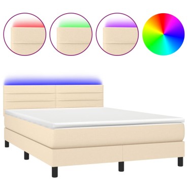 vidaXL Κρεβάτι Boxspring με Στρώμα & LED Κρεμ 140x190 εκ. Υφασμάτινο