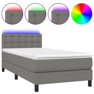 vidaXL Κρεβάτι Boxspring με Στρώμα & LED Σκ.Γκρι 100x200 εκ Υφασμάτινο