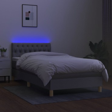 vidaXL Κρεβάτι Boxspring με Στρώμα & LED Αν.Γκρι 90x200 εκ. Υφασμάτινο