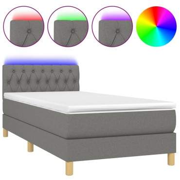 vidaXL Κρεβάτι Boxspring με Στρώμα & LED Σκ.Γκρι 90x200 εκ. Υφασμάτινο