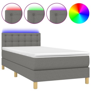 vidaXL Κρεβάτι Boxspring με Στρώμα & LED Σκ.Γκρι 100x200 εκ Υφασμάτινο