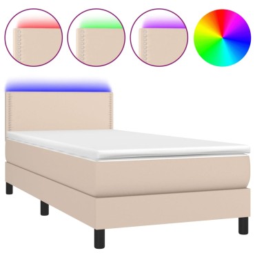 vidaXL Κρεβάτι Boxspring Στρώμα&LED Καπουτσίνο 90x200 εκ. Συνθ. Δέρμα