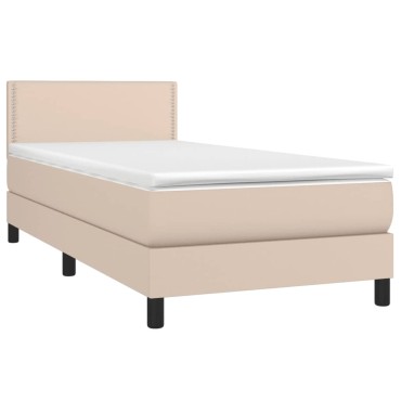 vidaXL Κρεβάτι Boxspring Στρώμα&LED Καπουτσίνο 90x200 εκ. Συνθ. Δέρμα