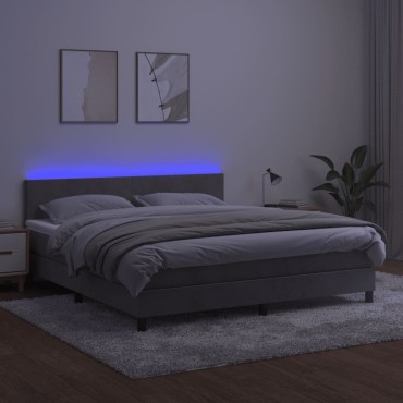 vidaXL Κρεβάτι Boxspring με Στρώμα & LED Αν.Γκρι 160x200 εκ. Βελούδινο