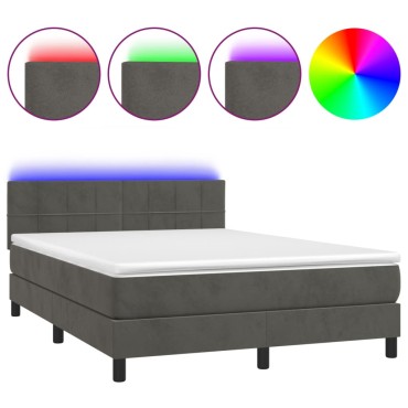 vidaXL Κρεβάτι Boxspring με Στρώμα & LED Σκ. Γκρι 140x200cm Βελούδινο 1 τεμ. - Διπλό