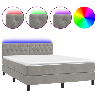 vidaXL Κρεβάτι Boxspring με Στρώμα & LED Αν.Γκρι 140x200cm Βελούδινο 1 τεμ. - Διπλό