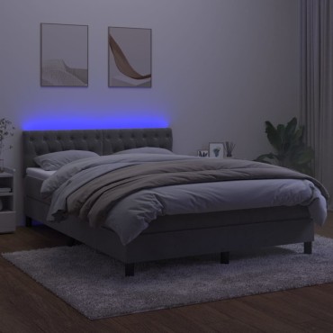 vidaXL Κρεβάτι Boxspring με Στρώμα & LED Αν.Γκρι 140x200cm Βελούδινο 1 τεμ. - Διπλό