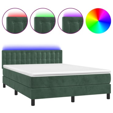 vidaXL Κρεβάτι Boxspring με Στρώμα & LED Σκ. Πράσινο 140x200εκ Βελούδο